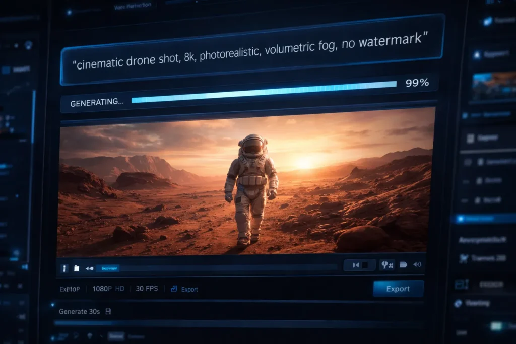 Futuristic interface of a free AI video generator without watermark generating a clean 1080p clip.