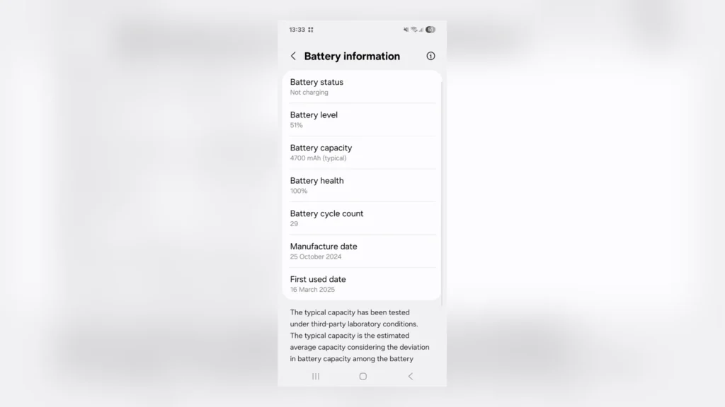 Android 15 check battery health and cycle count settings screenshot