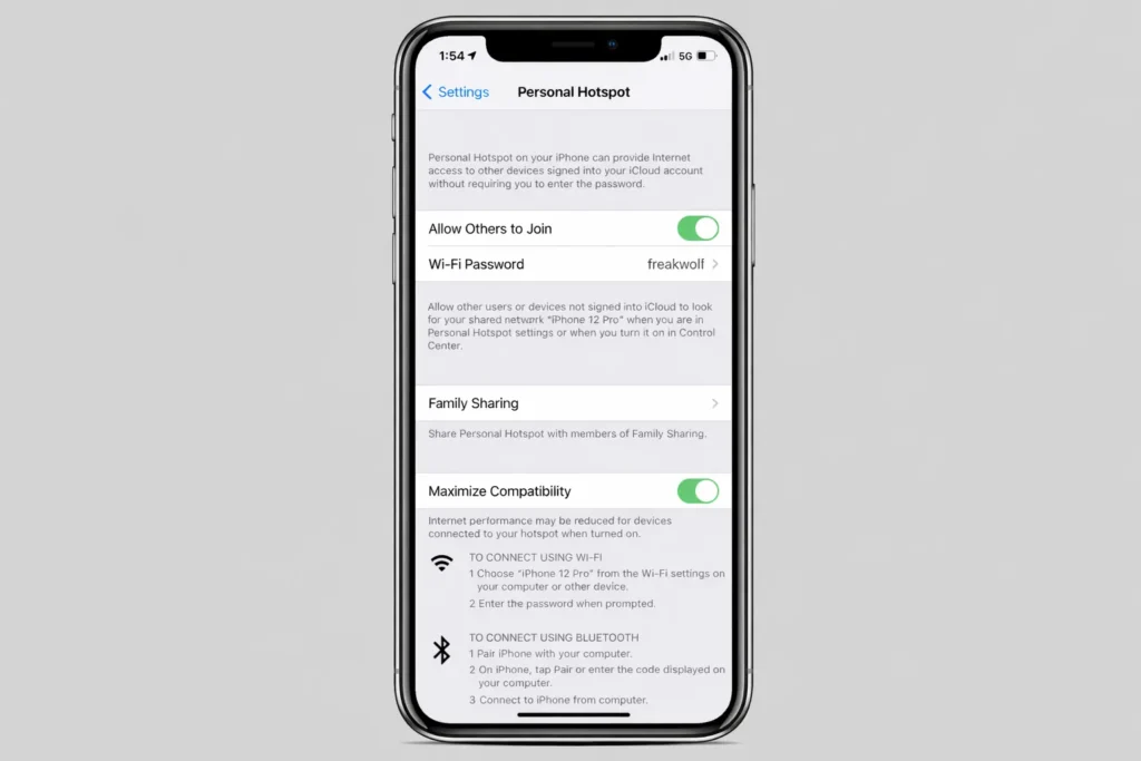iPhone Personal Hotspot settings with Maximize Compatibility turned ON to fix hotspot connection issues.